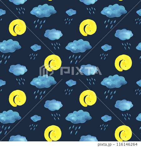 Blue, turquoise clouds with raindrops and yellow spiral sun. Watercolor illustration hand drawn in children's style for posters, cards, stickers. Seamless pattern on a dark blue background. Blue, turquoise clouds with raindrops and yellow spiral sun. Watercolor illustration hand drawn in children's style for posters, cards, stickers. Seamless pattern on a dark blue background. 116146264