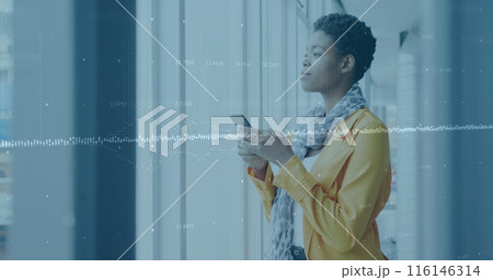 Image of financial data processing over biracial businessman using smartphone in office Image of financial data processing over biracial businessman using smartphone in office 116146314
