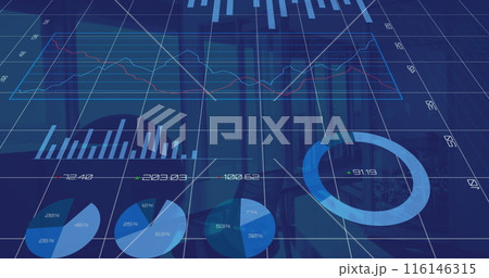 Various financial charts and graphs displaying data in vibrant blue background 116146315