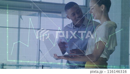 Image of financial data processing over diverse business people in office 116146316