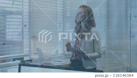 Image of financial data processing over caucasian businesswoman working in office Image of financial data processing over caucasian businesswoman working in office 116146364