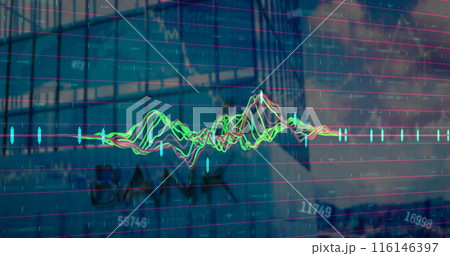 Image of financial data processing over cityscape with modern office buildings 116146397