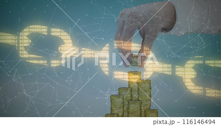 Image of numbers in blockchain and connected dots on caucasian man cropped hand stacking coins 116146494