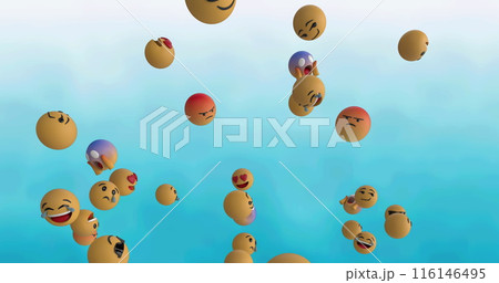 Digital image of multiple face emojis floating against blue gradient background 116146495