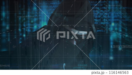 Image of data processing and hacker over server room Image of data processing and hacker over server room 116146563