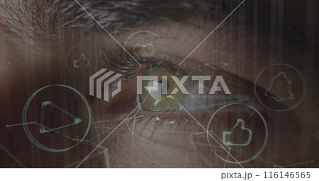 Image of network of connections and data processing over eye of caucasian man and server room 116146565
