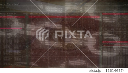 Image of network of connections and data processing over eye of caucasian man and server room 116146574