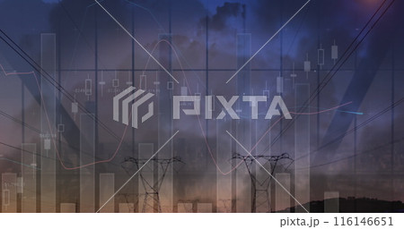 Image of financial graphs over electricity poles at dusk 116146651