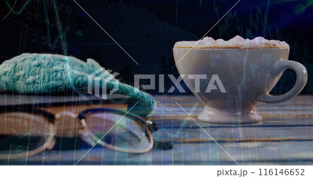 Image of financial graphs over cup of coffee, book and glasses lying on table 116146652