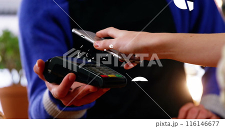 Image of currency symbols over caucasian woman paying by smartphone 116146677