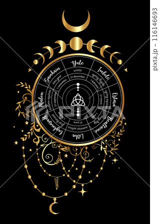 wheel of the Year is an annual cycle of seasonal festivals. Wiccan calendar and holidays. Compass with Triquetra symbol from charmed celtic. Gold boho style. Vector isolated on black background  116146693