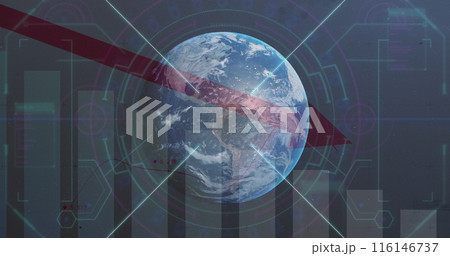 Image of statistics and data processing with red arrow over globe 116146737