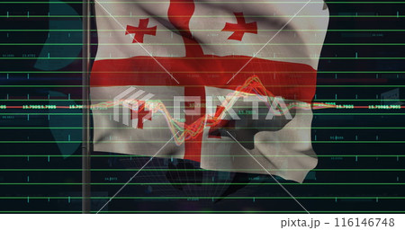 Image of financial data processing over georgia flag against black background Image of financial data processing over georgia flag against black background 116146748