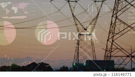 Image of financial graphs and data over electricity poles at sunset 116146771