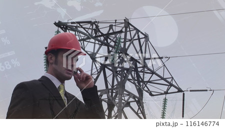 Network of connections and network of connections over digital man wearing vr headset 116146774