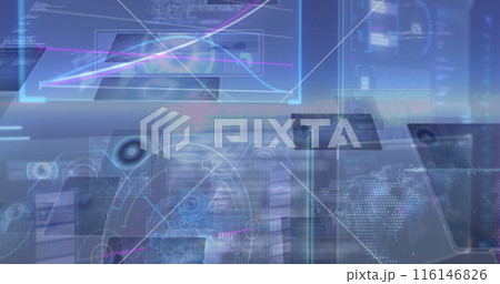 Image of data processing on moving screens over blue background 116146826