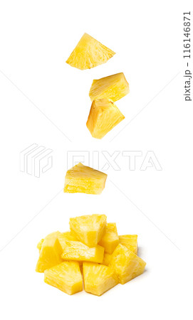 Pineapple Cuts Isolated, Raw Ananas Pieces, Comosus Tropical Fruit Chunks, Ripe Pine Apple Slices on White 116146871