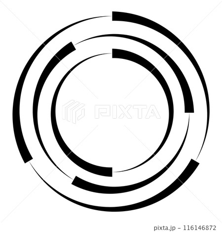 Halftone speed lines circle. Geometric art in circle form. Round swirl movement symbol. Halftone circular frame. Vector design element 116146872