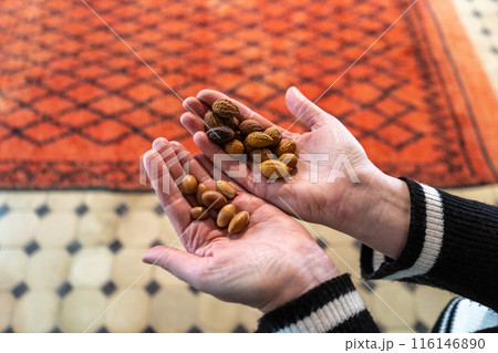 Argan Nuts in Hand, Argania Oil Seeds Local Production in Morocco, Natural Organic Cosmetic Shop Argan Nuts in Hand, Argania Oil Seeds Local Production in Morocco, Natural Organic Cosmetic Shop 116146890