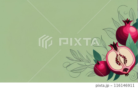Jewish holiday Rosh Hashanah or pomegranate and apples on a green background. 116146911
