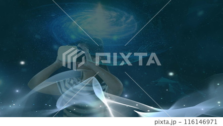 Image of waves over caucasian girl in vr headset 116146971