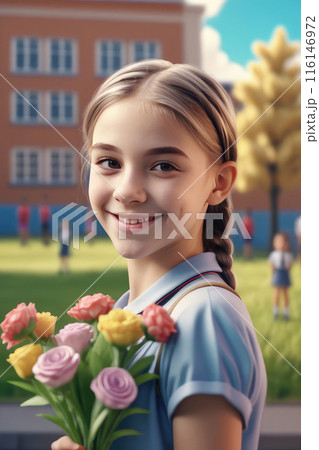 Smiling girl with a bouquet of flowers stands against the background the school. 116146972