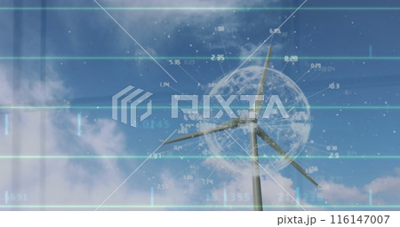 Image of globe with data processing over wind turbine in countryside Image of globe with data processing over wind turbine in countryside 116147007
