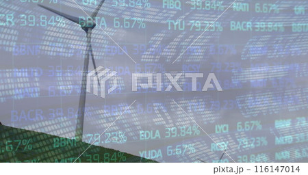 Image of financial data processing over wind turbine in countryside 116147014