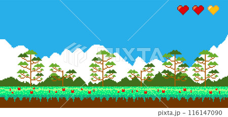 Pixel art game background. Retro 8 bit video game interface. Old compute pixel art. Banner of pixel-game. Vector cartoon illustration Pixel art game background. Retro 8 bit video game interface. Old compute pixel art. Banner of pixel-game. Vector cartoon illustration 116147090