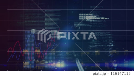 Image of graphs with data processing on digital interface against building at night 116147113