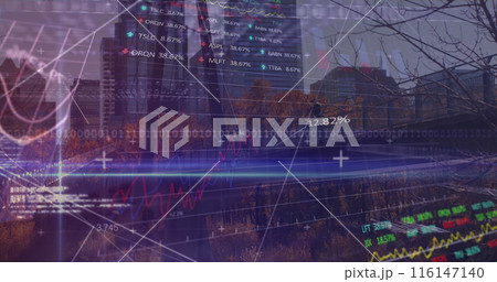 Image of financial data, binary code and graphs over city buildings Image of financial data, binary code and graphs over city buildings 116147140