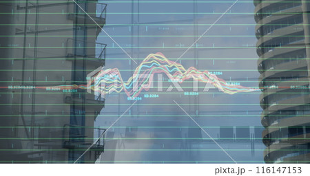 Image of financial data and graphs over city buildings Image of financial data and graphs over city buildings 116147153