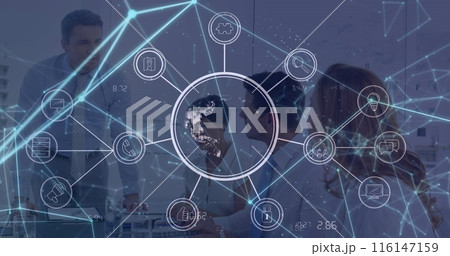 Image of globe with icons over diverse business people in office 116147159