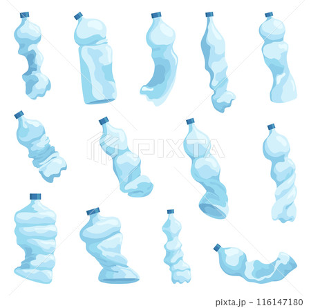 Crumpled bottles icon set. Broken plastic bottles, empty plastic containers, recyclable garbage eco concept. Recycling waste elements. Vector isolated illustration Crumpled bottles icon set. Broken plastic bottles, empty plastic containers, recyclable garbage eco concept. Recycling waste elements. Vector isolated illustration 116147180
