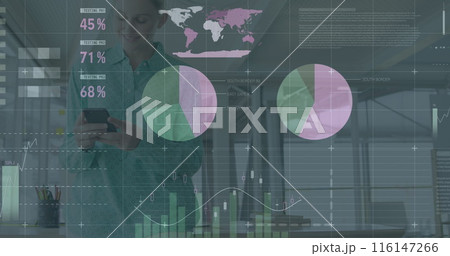 Image of financial data processing over businesswoman using tablet 116147266