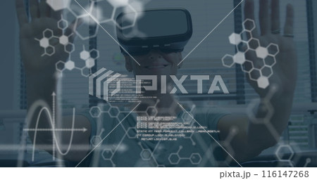 Image of data processing over caucasian businesswoman using vr headset in office 116147268