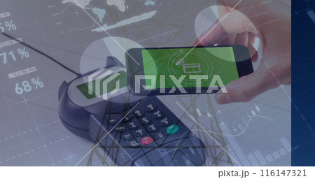Image of financial data processing over smartphone and payment terminal 116147321