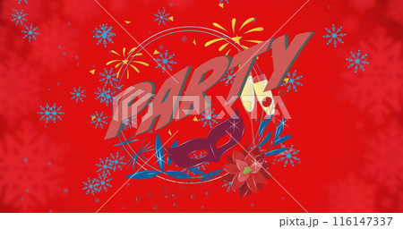 Image of snow falling over party text and icons on red background 116147337