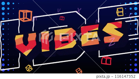 Image of vibes text and falling shapes over black background 116147352
