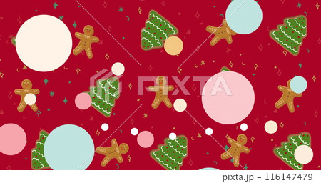 Gingerbread men, trees, and colorful circles decorating red background Gingerbread men, trees, and colorful circles decorating red background 116147479