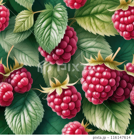 Summer seamless pattern with red raspberries,...のイラスト素材 [116147614] - PIXTA