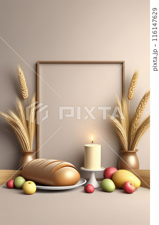 Jewish holiday of happy shavuot concept with fruits, wheat and milk. 116147629