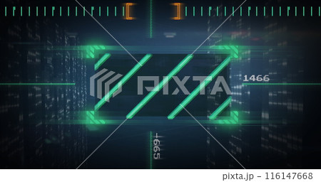 Image of financial data processing and green scanner scanning over screens of mosaic squares 116147668