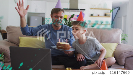 Image of data processing over caucasian father and son at birthday 116147669