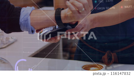 Image of data processing over mid section of man using smartwatch to make payment at a cafe Image of data processing over mid section of man using smartwatch to make payment at a cafe 116147832
