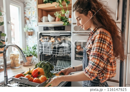 The woman diligently fills the dishwasher, placing dirty dishes in an organized manner, ready for a complete wash cycle, contributing to a clean and orderly kitchen 116147925