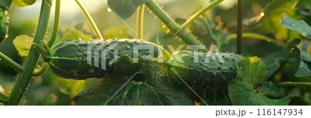 Cucumbers thrive on the plantation, their vibrant green leaves and plump fruits flourishing in the rich soil, ready for a refreshing and nutritious harvest, banner 116147934