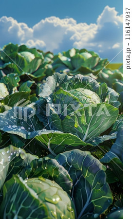 Cabbages on the farm plantation are adorned with dewdrops, each head flourishing in the fertile soil, ready to provide a nutritious and hearty harvest 116147937
