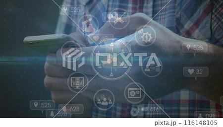 Image of digital icons spinning over mid section of a man using smartphone 116148105