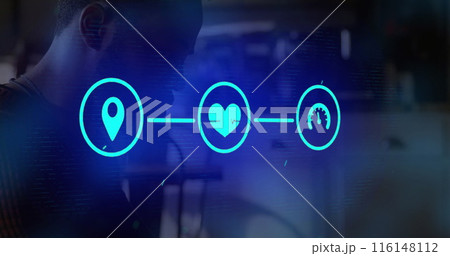Image of flowchart of icons over biracial man scrolling on smartphone 116148112